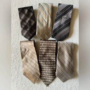 Bundle of ties (6), neutral colors. Assorted brands. Beige, tan, gray neckties.